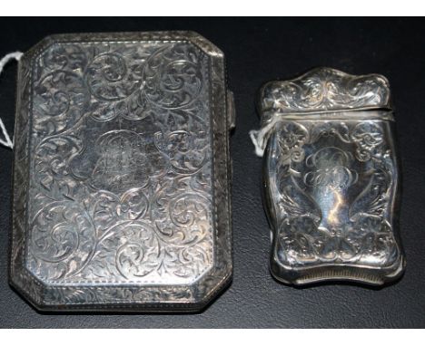 Engraved silver cigarette case maker JR Birmingham 1946, together with an engraved silver vesta case stamped Sterling