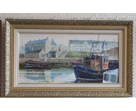 Palette knife oil painting canvas on board - Fishing Boats at Seahouses Harbour signed by the artist Dallas K Taylor 1990 and