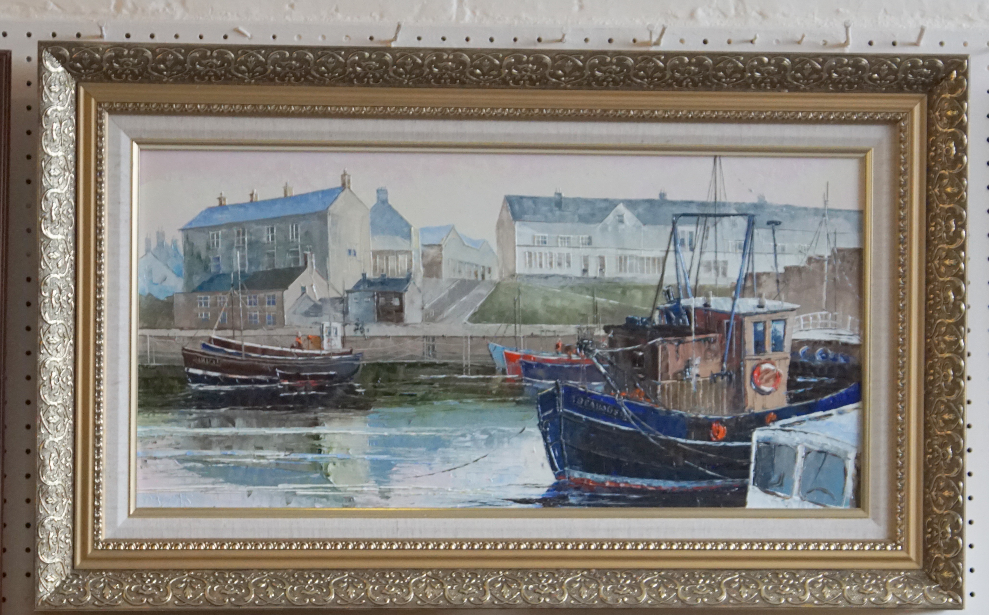 Palette Knife Oil Painting Canvas On Board - Fishing Boats At Seahouses 