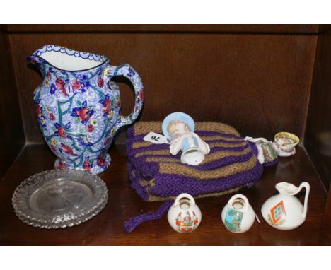Two Victorian china teacosy dolls, Maling Pottery Chintz pattern jug, two small commemorative glass plates - James Renforth C