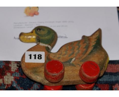 Vintage wooden pull-along toy duck manufactured by Gecevo (George Christoph Vogel 1890-1972, Steinach/door Germany)