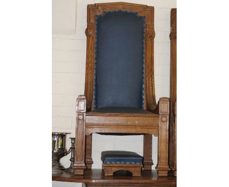 Leather backed oak ecclesiastical chair and stool