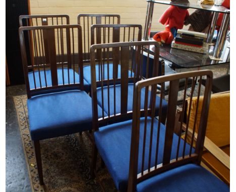Set of six mid 20th century mahogany dining chairs with shell backs and blue seats. Model No. 1543 designed by Paol Heltborg 