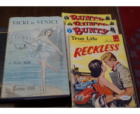 First Edition Vicki in Venice by Lorna Hill 1962 hardback, together with three Bunty comic books nos. 33, 34, 36 and a True L