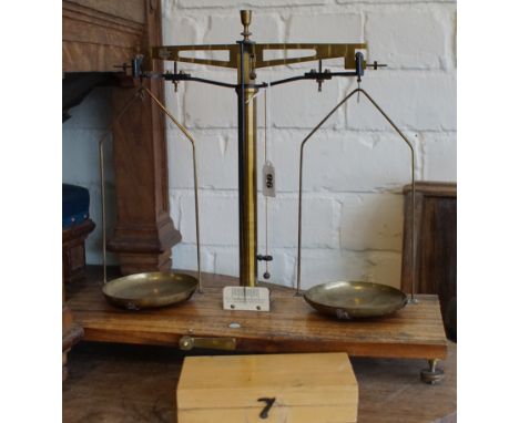 Set of early 20th century chemist's brass balance scales by H L Becker Fils & Co. Brussels and retailed by Brady & Martin Ltd