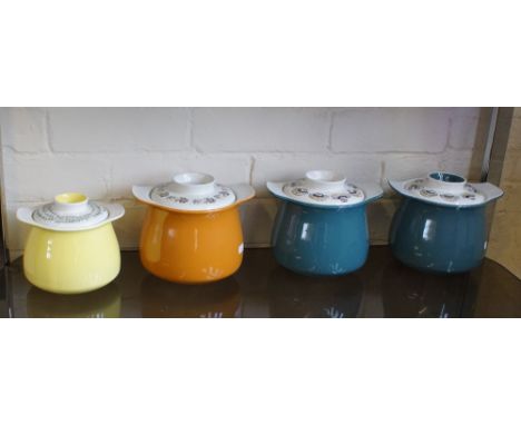 Two 1960s teal coloured Poole Pottery Lucullus Mushroom casserole pots by Thos. Jefferson and two others one orange with flor