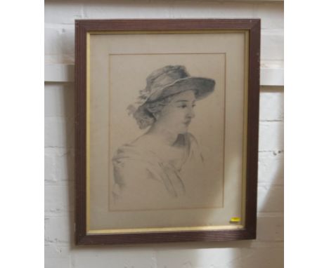 Late 19th early 20th century portrait in charcoal on paper - A confidant study of a young lady wearing a summer hat with ribb