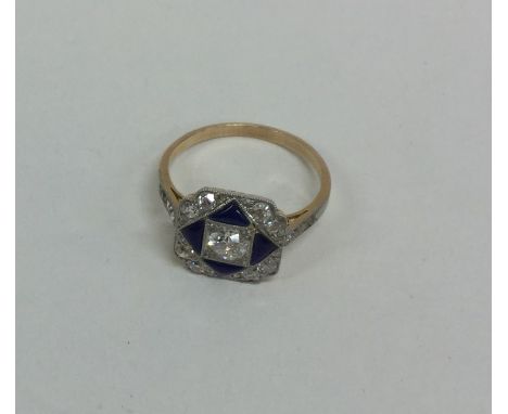 An attractive square diamond and blue enamelled cluster ring inset in gold and platinum. Approx. 2.3 grams. Est. £1000 - £150