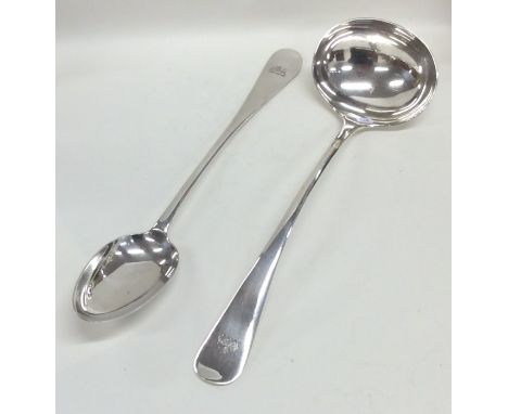 A good large silver plated OE pattern basting spoon together with matching ladle. Est. £20 - £30.