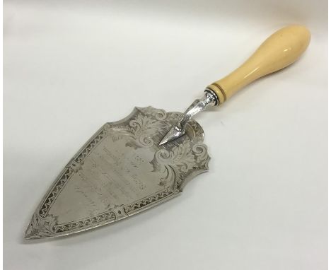 A good quality Victorian silver presentation trowel with turned ivory handle. Birmingham. By TW. Approx. 197 grams. Est. £180