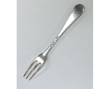 A Georgian silver Hanoverian pattern three prong fork. London. Approx. 65 grams. Est. £45 - £55.