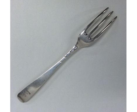 A Georgian silver Hanoverian pattern three prong fork. London. Approx. 53 grams. Est. £45 - £55.