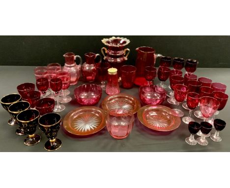 Victorian cranberry / ruby glass including twin-handled ribbed vase, 22cm high, lemonade jug, wine glasses, cut glass circula