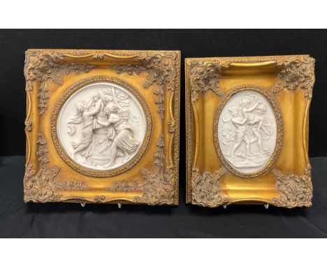 Enrico Braga (1841-1919) after, a ceramic plaque, cast in relief with a winged cupid and Graces, signed, dated 1841, 18cm dia
