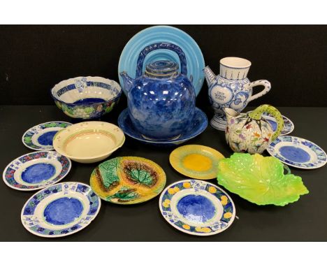 Mid century ceramics - Large studio blue glaze pottery tea pot with conforming bowl, 34cm high, Shelley footed dish, blue rib