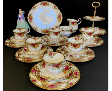 Royal Albert Old Country Roses tea service for six comprised of; a picnic, sugar bowl, milk jug, two tier cake stand, six tea