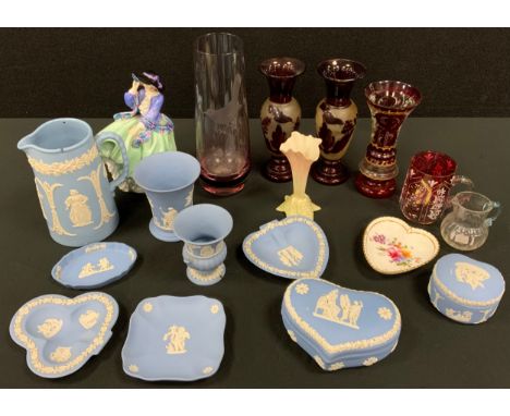 Wedgwood jasperware including powder blue trinket trays and boxes; Royal Doulton Top of the Hill, 20cm high; ruby glass; Warb