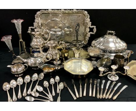 Plated ware - large serving tray, 64cm long, four piece Walker and Hall tea set, meat dome, sugar castor; etc