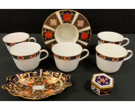 Royal Crown Derby - a set of five Ambassador pattern tea cups, 1128 pillar candle holder,  pattern 2451 trinket tray; etc (8)