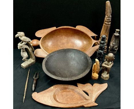 Tribal art - Polynesian carved hardwood bowl in the form of a turtle, 68cm long, another similar dish as a fish, 51cm long; o