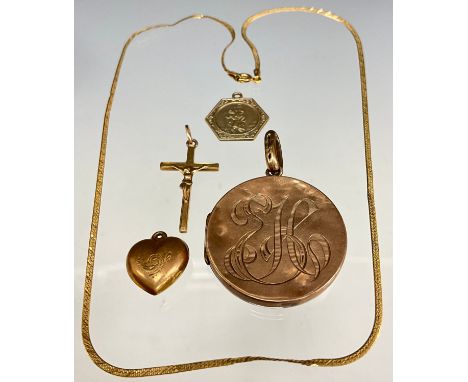 A 9ct gold crucifix pendant, others Heart, St Christopher, flat curb link necklace, 6.3g;  a 19th century rose metal locket