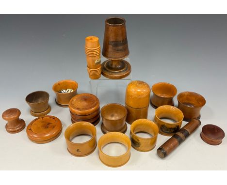 Mauchlineware &amp; Treen - a 19th century three section rouge/powder pot, matchpot, needle cases, napkin rings etc, places i