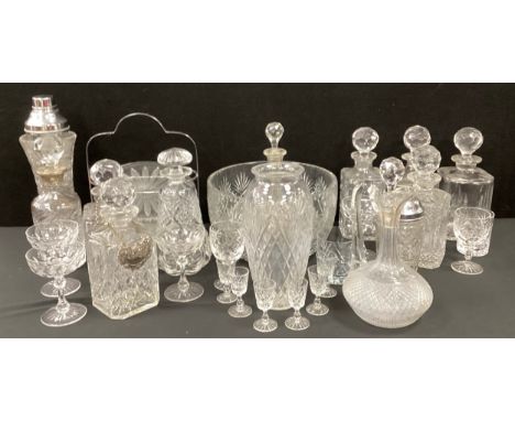 Glass - Victorian cut glass decanters, a set of four champagne coupes, large cut glass bowl, 28cm diameter; etc