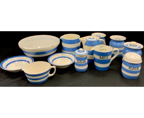 Cornish Kitchen ware including; mixing bowl, dishes, jugs, flour jar, sugar jar, milk jugs, jars; etc (12)