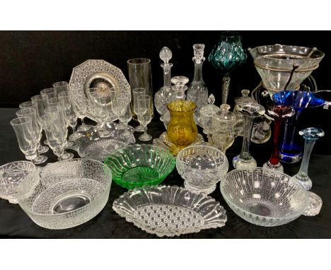 Glass - Royal Brierley cut glass bowl, 16cm diameter, 19th century spirit decanters, bubble inclusion hurricane vase, coloure