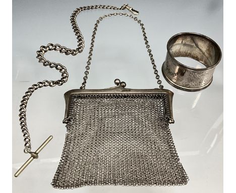 A silver chain mesh evening Purse, London 1917;  silver Albert chain with base metal T bar, silver napkin ring, 116g gross