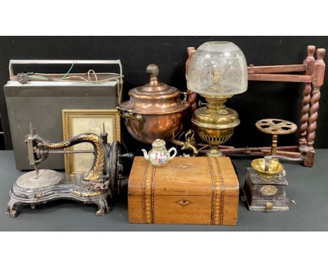 Boxes and objects - Victorian work box, copper samovar, brass oil lamp, 19th century hand crank sewing machine; etc