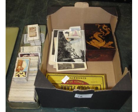 Cigarette cards mixed selection in two boxes and tin, small range of National Gallery postcards and playing cards in box. 