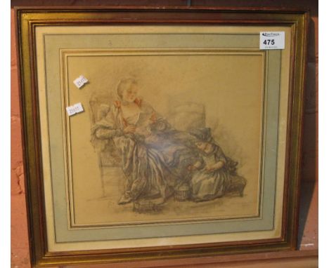 French School, study of a woman and child, monochrome print.  Framed and glazed.