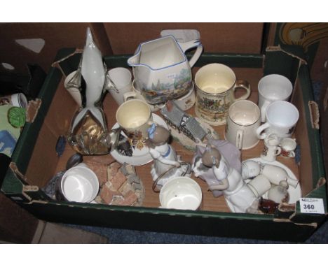 Tray of assorted china and glass to include commemorative mugs and beakers, Nao porcelain girl with hoop and dog and another 