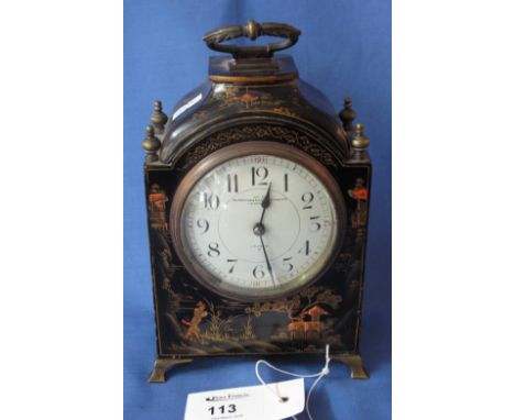 Mid Century chinoiserie lacquered bracket clock by Goldsmiths and Silversmiths Ltd, having French brass drum movement. 