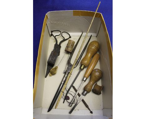 Box of assorted collectables to include: ivory measuring rule; assorted other tools etc.