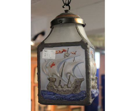 20th Century four panelled glass ceiling light fitting decorated with relief marine study.