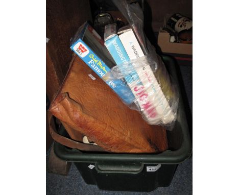 Two vintage ladies handbags, leather satchel and various vintage jigsaws in original boxes. 