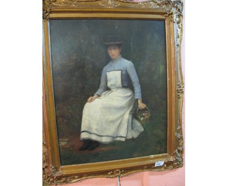 British School, (19th Century), portrait of a young woman with basket of flowers, oils on canvas.  Framed.