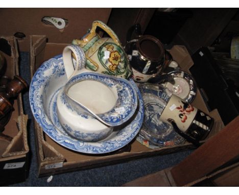 Tray of assorted china to include blue and white transfer printed jug and basin set, Italian pottery four handled jug, Imari 