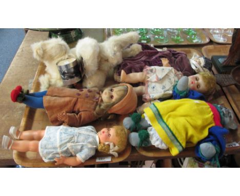 Two trays of assorted dolls, clockwork rabbit playing the drums etc. (2)