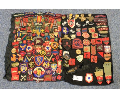 Two assorted collections of various military and other fabric badges to include: Commando; Parachute Regiment; Royal Canadian