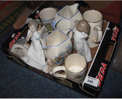 Tray of assorted china to include Nao porcelain figure of a girl and another girl with puppy, Englishware Handley jugs, tanka