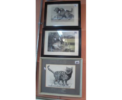 After Landseer, two dog studies, prints from the engravings, together with another monochrome print of a cat. Framed and glaz