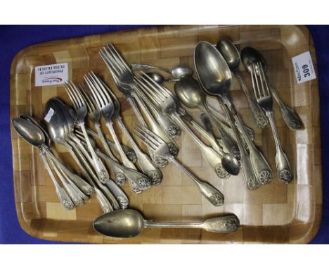 Tray of assorted silver flatware with shell crest design, London hallmarks.