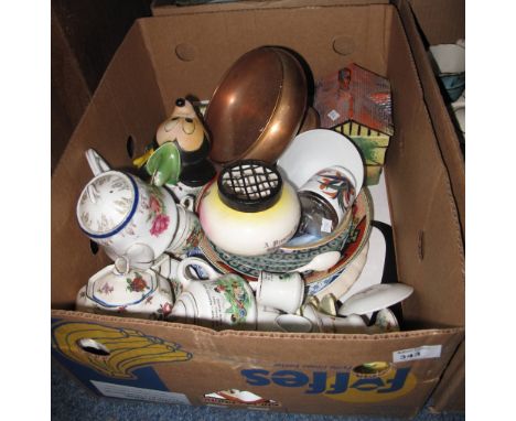 Box of assorted china to include plaster figure of Mickey Mouse, Royal Albert bone china Braemare teaware, souvenir teapot, c