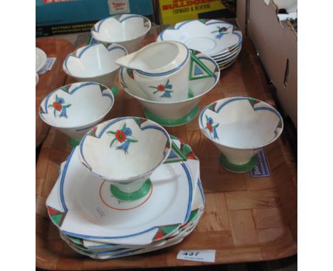 Tray of Shelley art deco design part tea service, RD756533 to include five teacups, six saucers, milk jug, sucrier and six sa