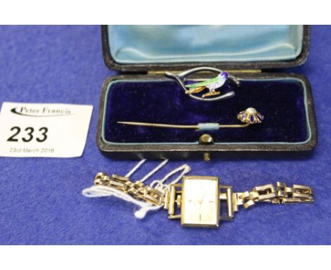 9ct gold ladies Sarcar wristwatch together with silver and enamel bird and wishbone design brooch and yellow metal pearl hat 