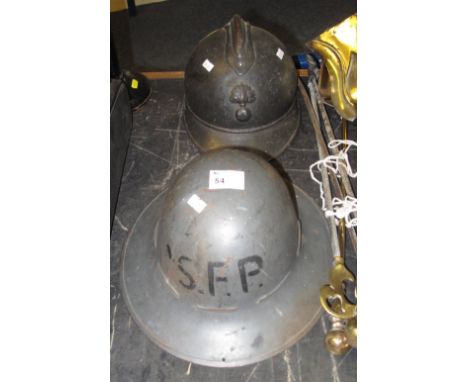 French style First World War period military helmet with leather lining and a Special Fire Patrol metal helmet. (2)
