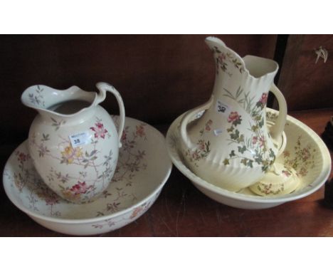 Staffordshire pottery transfer printed floral decorated jug and basin together with another similar, together with matching s